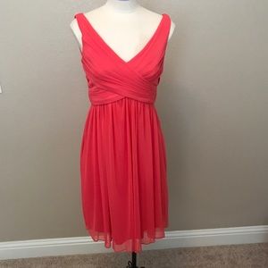 David’s Bridal short guava bridesmaid dress